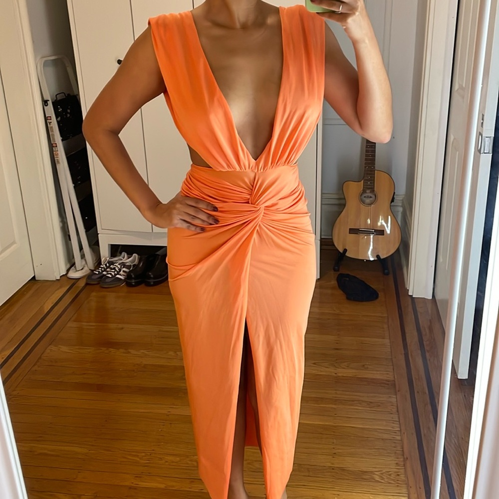 Baobab Mia dress. Draped midi gown with Deep V neckline
